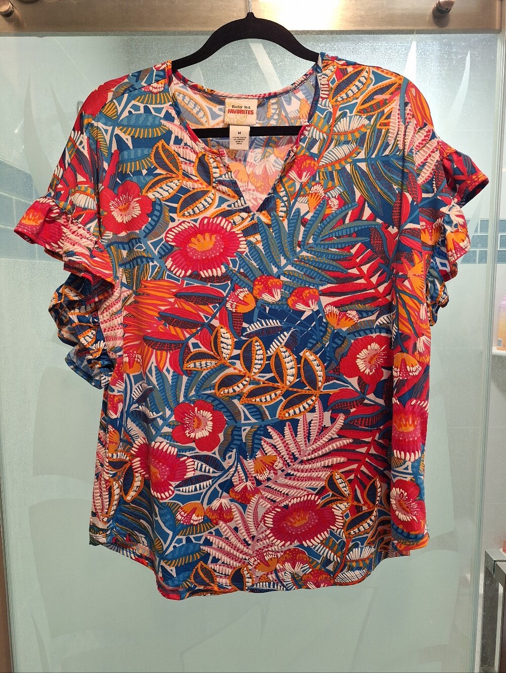 Ruby Rd. Tropical Floral V-Neck Ruffle Sleeve Top - Blue & Red Oversized